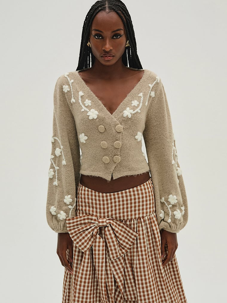 Victoria's Secret, For Love & Lemons Adalyn Cardigan, Oatmeal, onModelFront, 1 of 4