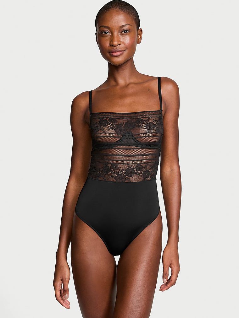 Victoria's Secret, Victoria's Secret Lacie Striped Floral Underwire Bodysuit, BLACK, onModelFront, 1 of 3