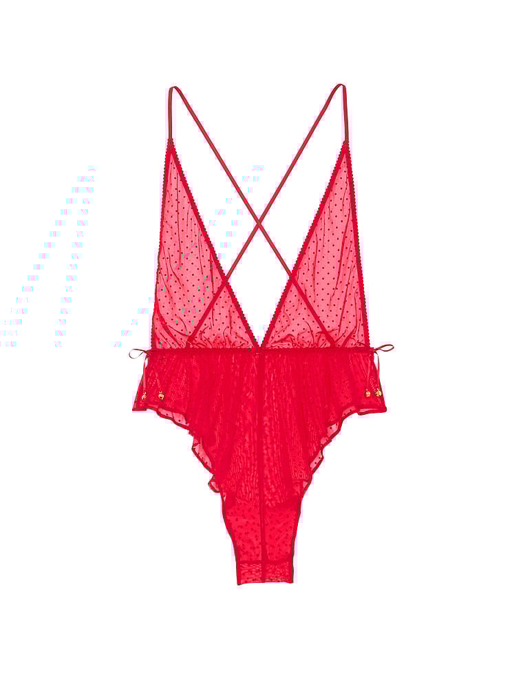 Victoria's Secret, Victoria's Secret Jingle Bells Einteiler aus Netzstoff mit tiefem Ausschnitt, LIPPENSTIFT, offModelFront, 3 of 4