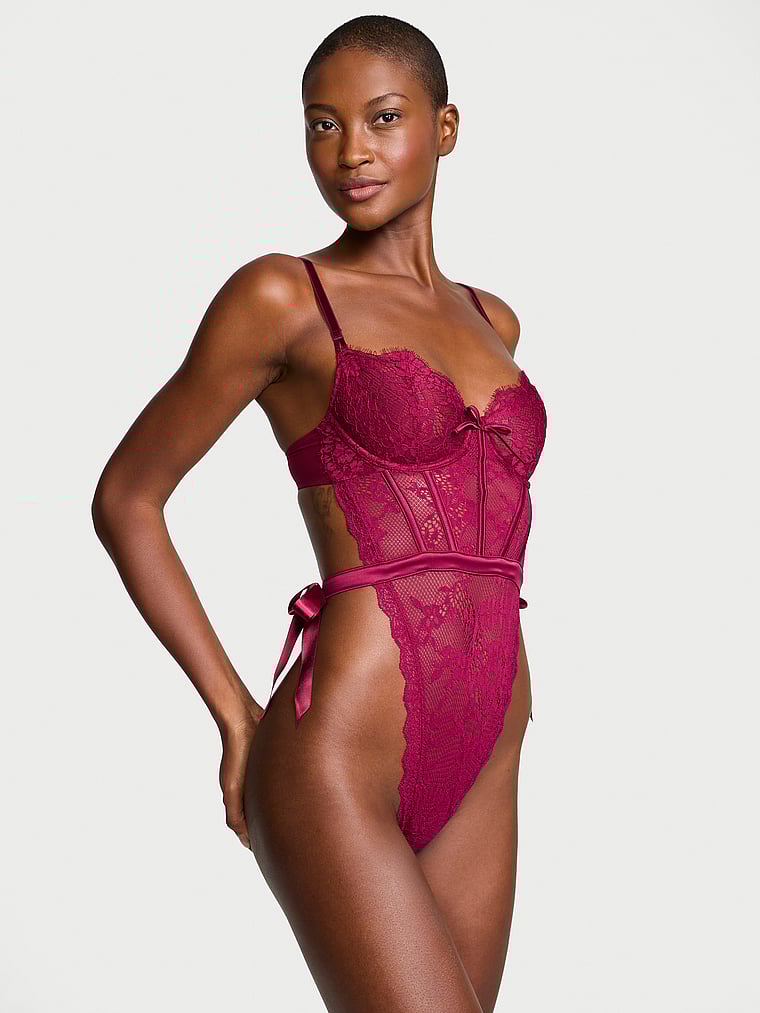Victoria's Secret, Dream Angels Wicked Unlined Lace Teddy, Campari Red, onModelFront, 1 of 3