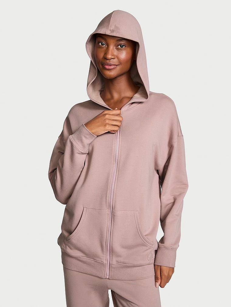Victoria's Secret, Victoria's Secret Fleece-Hoodie aus gebürstetem Modal mit durchgehendem Reißverschluss, FRANZÖSISCHES MAUVE, onModelFront, 2 of 5