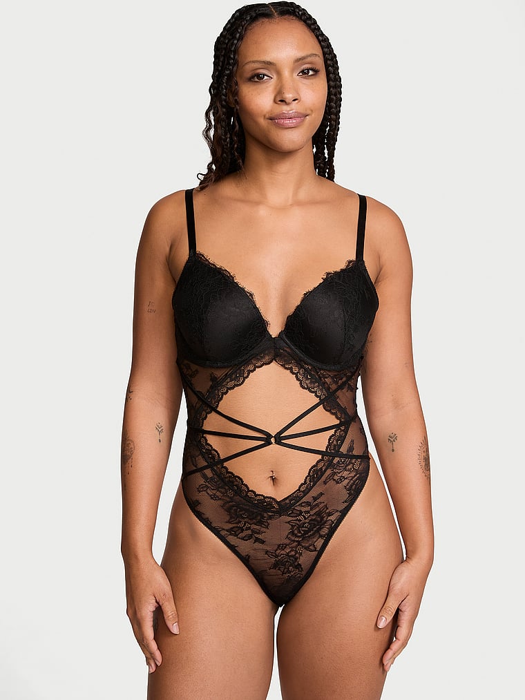 Victoria's Secret, Very Sexy Rose Lace Strappy Teddy, BLACK, onModelFront, 1 of 3