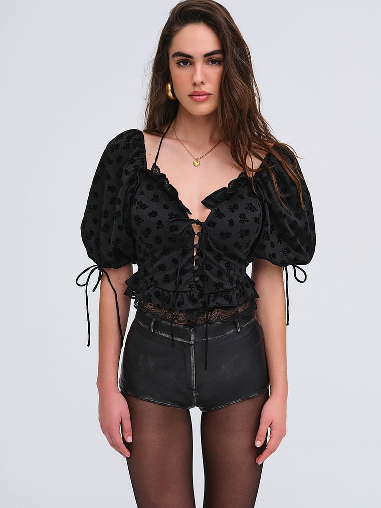 Victoria's Secret, For Love & Lemons Sutton Top, Black, onModelFront, 1 of 5