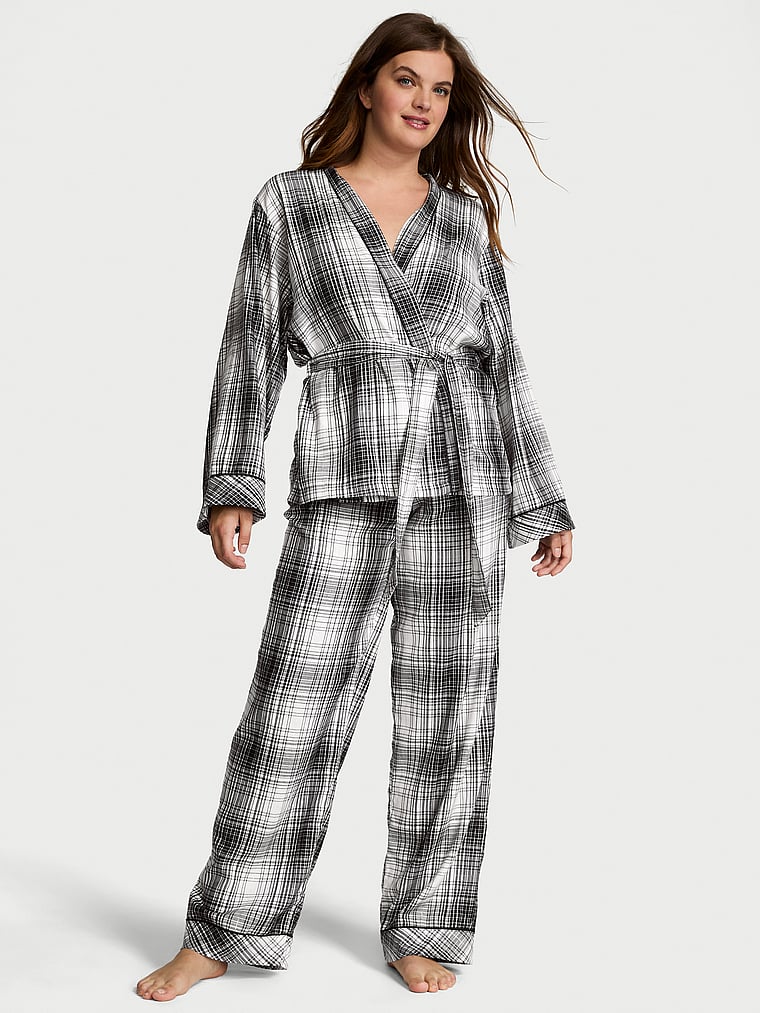 Victoria's Secret, Victoria's Secret Flannel Wrap Long Pajama Set, B/W GRADIENT PLAID, onModelFront, 1 of 3 Abbey is 5'10" or 178cm and wears M/Regular