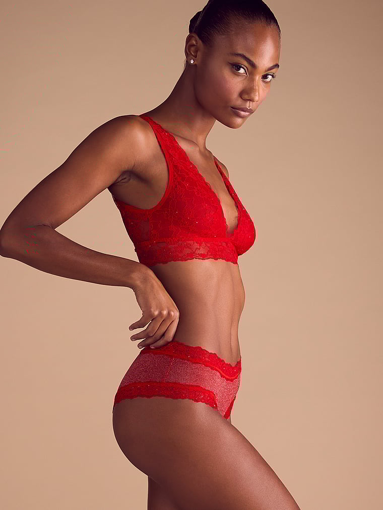 Victoria's Secret, Victoria's Secret Sexy Tee Sequin Posey Lace Triangle Bralette, Lipstick, onModelSide, 1 of 4 Ange-Marie is 5'10" or 178cm and wears 34B or Small
