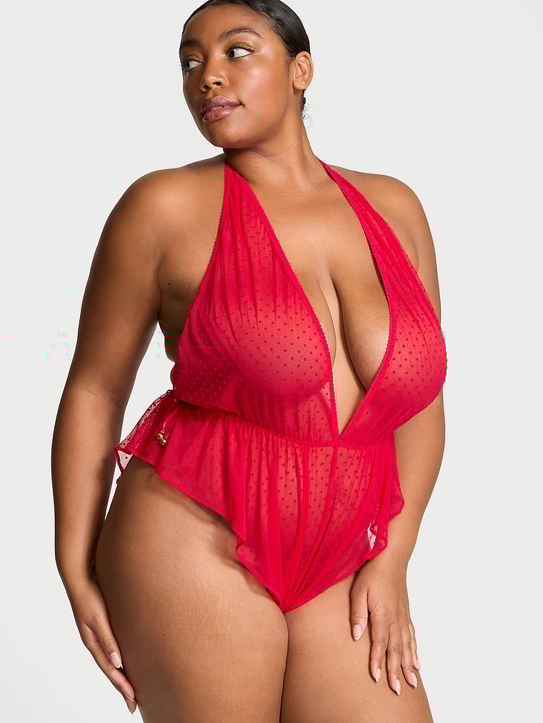 Victoria's Secret, Victoria's Secret Jingle Bells Mesh Plunge Romper, LIPSTICK, onModelFront, 1 of 4 Brianna is 5'10" or 178cm and wears Extra Large