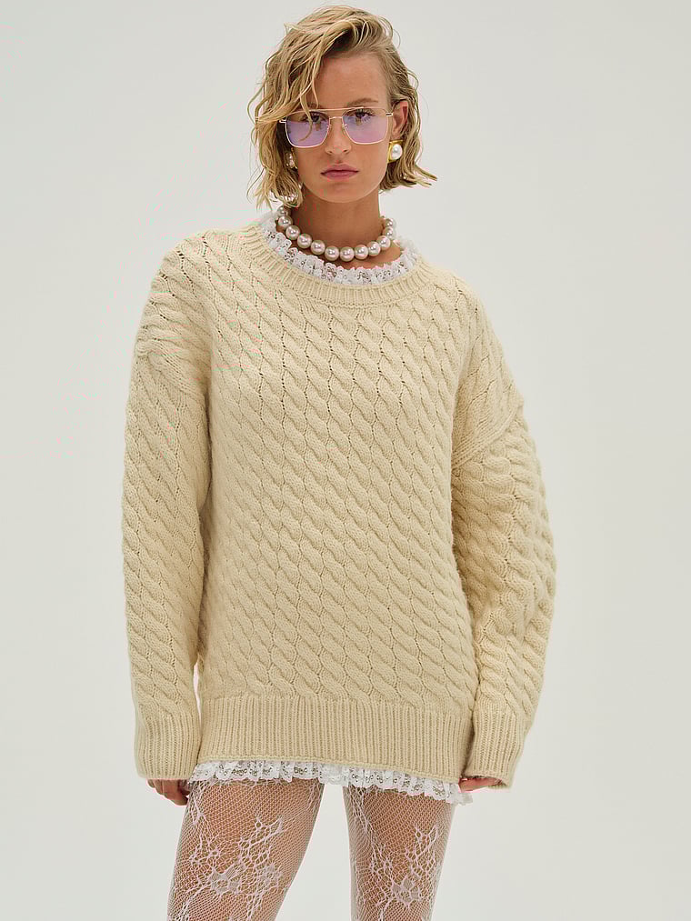 Victoria's Secret, For Love & Lemons Milana Sweater, White/Ivory, onModelFront, 1 of 2