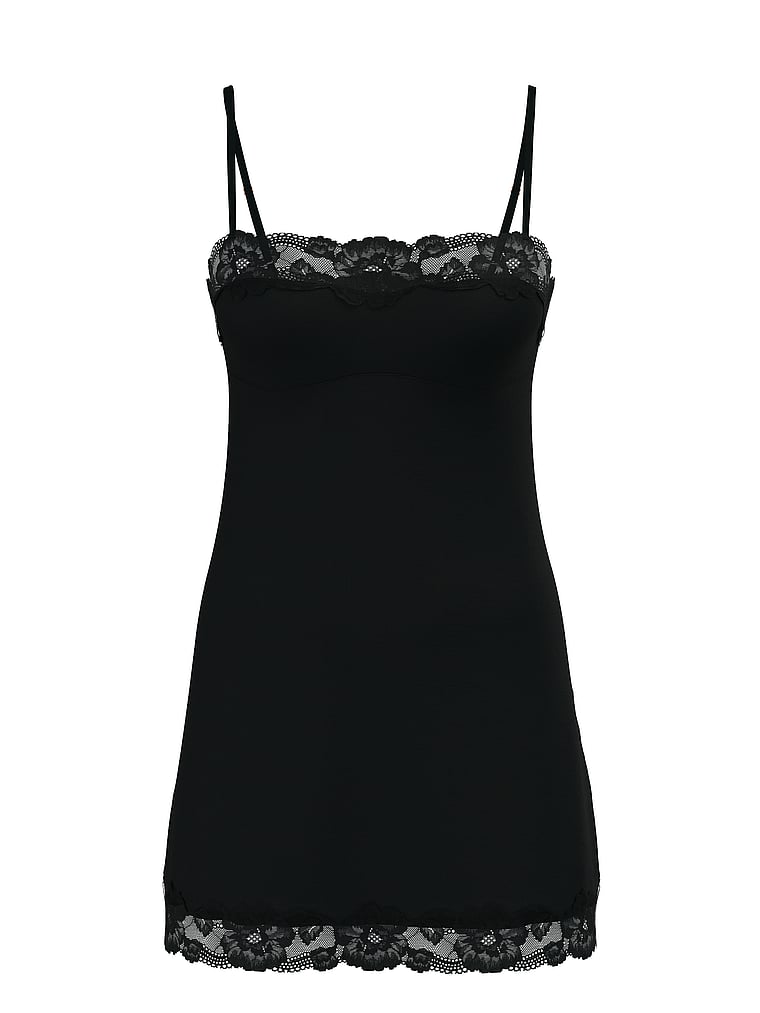 Victoria's Secret, Victoria's Secret Negligé aus weichem Modal mit geradem Ausschnitt und Spitzenbesatz, Schwarz, digitalOffModelFront, 3 of 3
