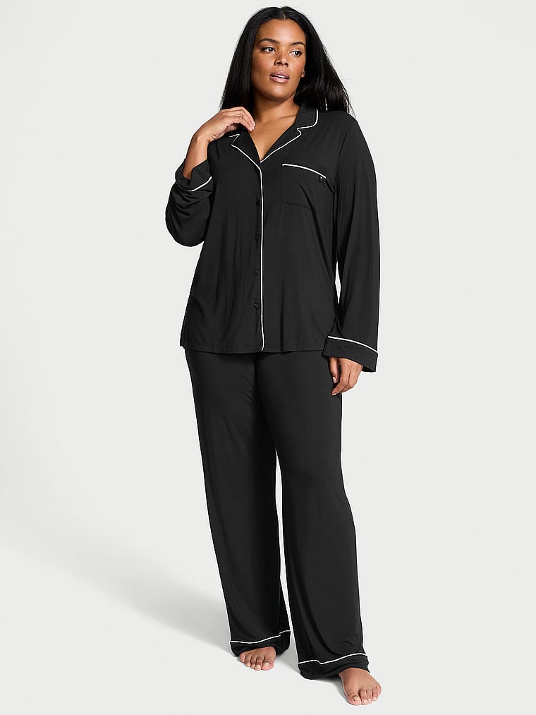 Victoria's Secret, Victoria's Secret Modal Soft Long Pajama Set, BLACK, onModelFront, 1 of 3