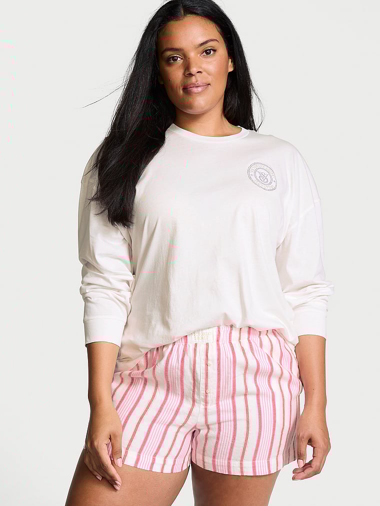Victoria's Secret, Victoria's Secret Flannel Long-Sleeve Short Tee-Jama Set, CANDY CANE STRIPES, onModelFront, 1 of 4