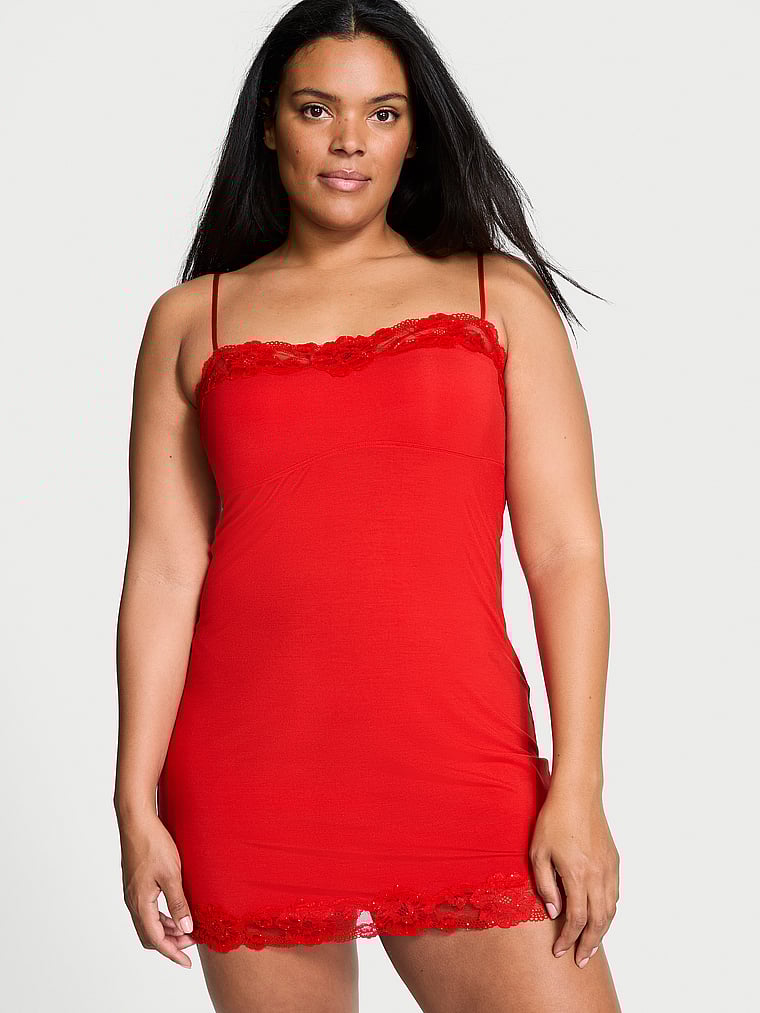 Victoria's Secret, Victoria's Secret Modal Soft & Lace Trim Straight-Neck Slip Dress, LIPSTICK, onModelFront, 1 of 4