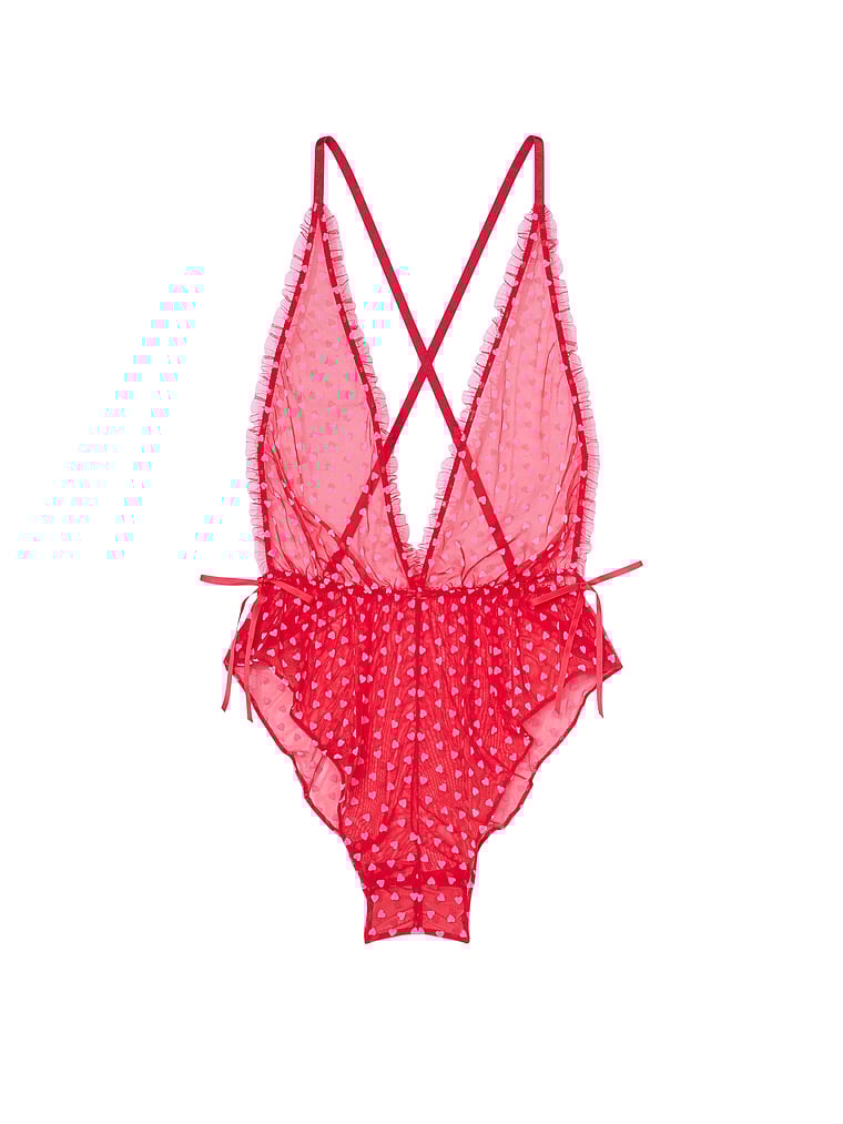 Victoria's Secret, Victoria's Secret Tease Einteiler aus Netzstoff mit Herzdesign, Helles Zinnoberrot, offModelFront, 2 of 4