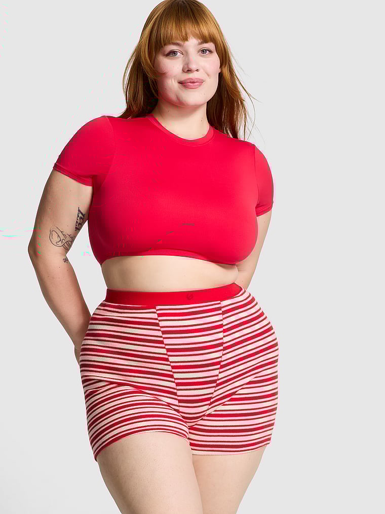 PINK Thermo-Retropants, Leuchtendes Zinnoberrot mit Streifen, onModelFront, 1 of 4 Lulu ist 5'7" oder 170cm und trägt L