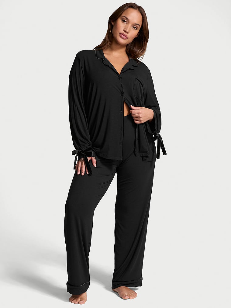 Victoria's Secret, Victoria's Secret Modal Soft Velvet-Trim Long Pajama Set, BLACK, onModelFront, 1 of 4 Brianna is 5'10" or 178cm and wears XL/Long