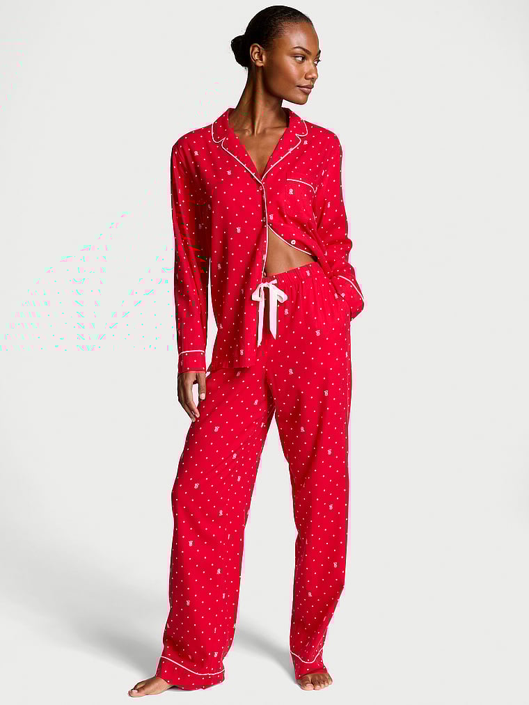 Victoria's Secret, Victoria's Secret Flannel Long Pajama Set, LIPSTICK LOGO DOTS, onModelFront, 1 of 4 Ange-Marie is 5'10" or 178cm and wears S/Regular