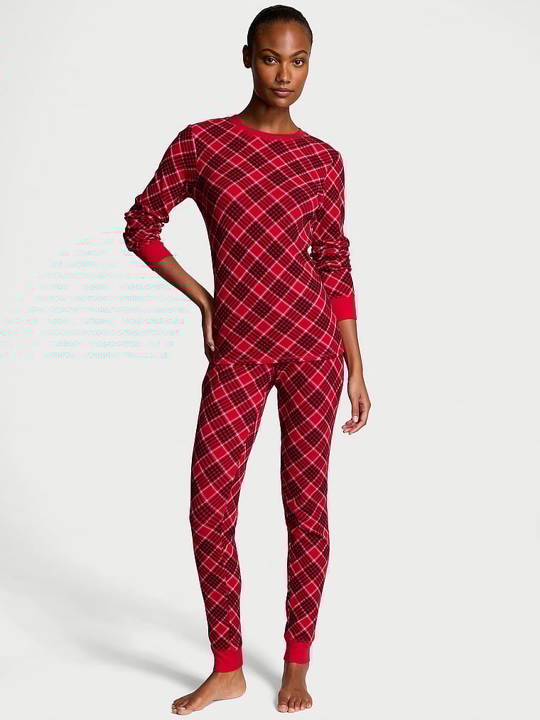 Victoria's Secret, Victoria's Secret Thermal Long Pajama Set, Lipstick Lovely Plaid, onModelFront, 1 of 4 Ange-Marie is 5'10" or 178cm and wears S/Regular