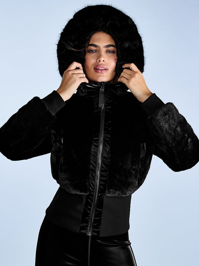 Victoria's Secret, VSX VSX Reversible Faux Fur-Lined Jacket, Black, onModelSide, 1 of 4