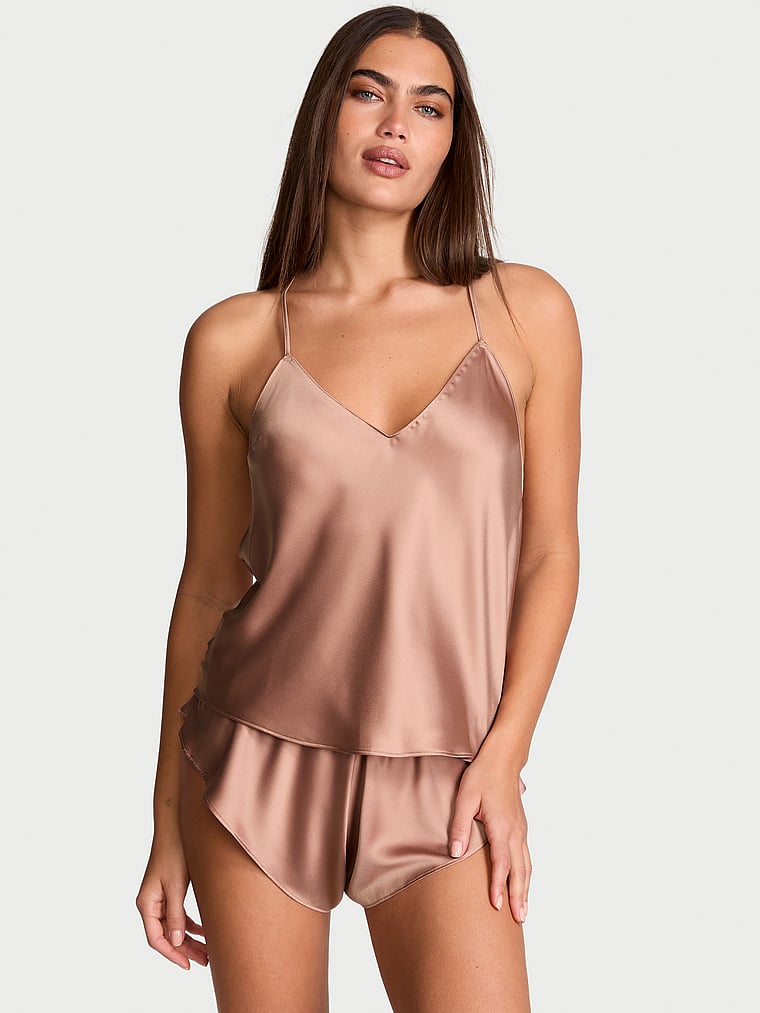Victoria's Secret, Victoria's Secret Very Sexy Starstruck Satin Chain Cami & Flutter Short Set, ALMOND BEIGE, onModelFront, 1 of 4 Alana is 5'10" or 178cm and wears Small