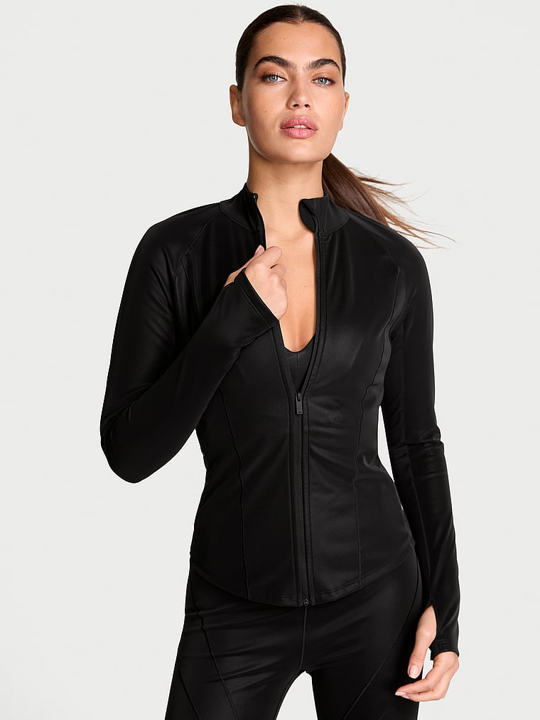 Victoria's Secret, VSX VSX SuedeEffect Full-Zip Jacket, Black, onModelFront, 1 of 4 Alana is 5'10" or 178cm and wears Small