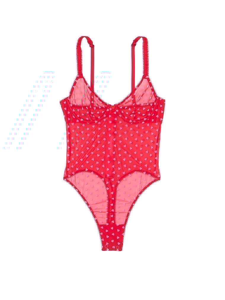 Victoria's Secret, Very Sexy Tease Ungefütterter Halbschalen-Body aus Netzstoff mit Herzdesign, Beflocktes rotes Herz, offModelFront, 4 of 4