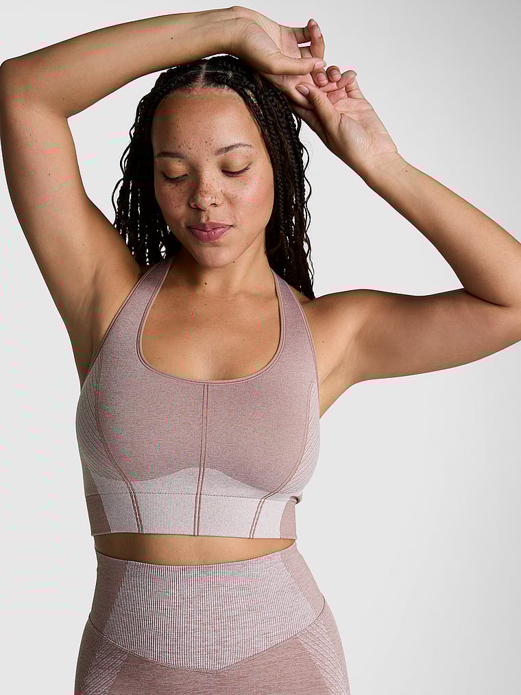 PINK Seamless Marl Longline Sports Bra, Iced Coffee Marl, onModelFront, 1 of 4 Eden is 5'8" or 173cm and wears 34DD (E) or Large