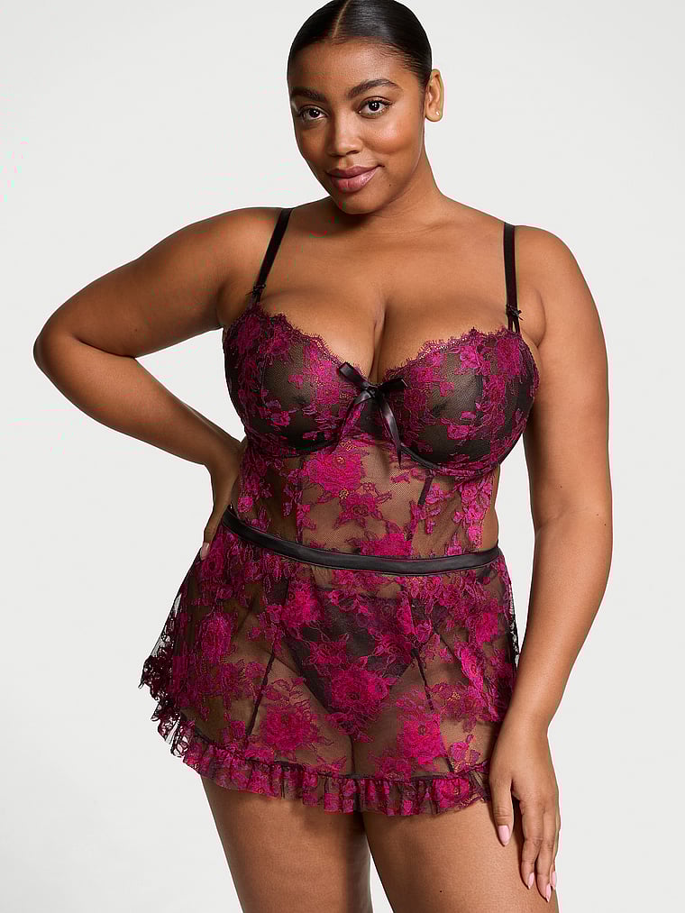 Victoria's Secret, Very Sexy Wicked Unlined Rose Lace Apron Set, Black/Pink, onModelFront, 1 of 4 Brianna is 5'10" or 178cm and wears 38DD (E) or Extra Large
