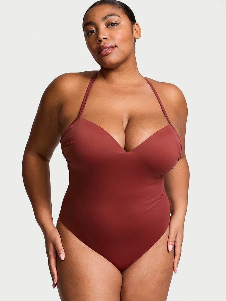 Victoria's Secret, Victoria's Secret Swim Essential Push-Up Cheeky One-Piece Swimsuit, Russet, onModelFront, 1 of 3 Brianna is 5'10" or 178cm and wears Extra Large