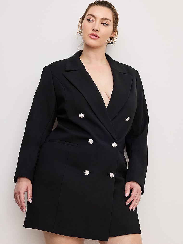 Victoria's Secret, Good American Ponté-Blazer-Kleid mit Verzierung, Schwarz, onModelFront, 1 of 3