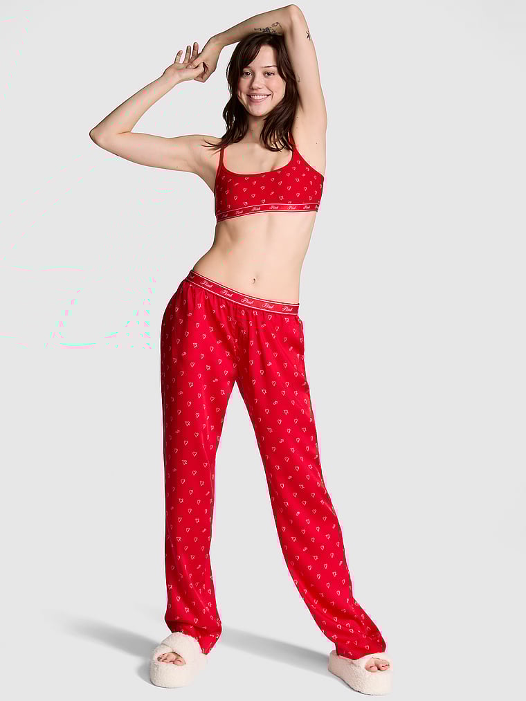 PINK Silky Sleep Pants, Bright Vermillion W/ Hearts, onModelFront, 1 of 4 Sofia is 5'10" or 178cm and wears Small