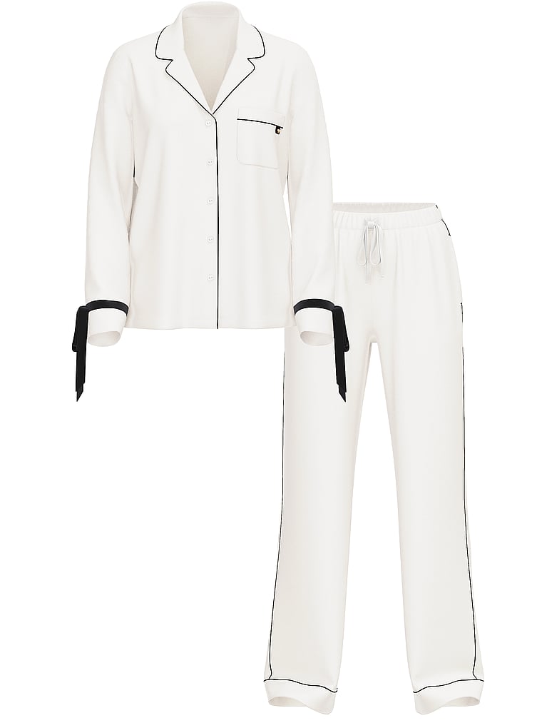 Victoria's Secret, Victoria's Secret Langer Pyjama aus Modal mit weichem Samtbesatz, KOKOSWEISS, digitalOffModelFront, 3 of 4