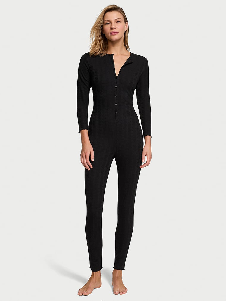 Victoria's Secret, Victoria's Secret Heart Pointelle Long Sleep Romper, Black, onModelFront, 1 of 3 Aga is 5'10" or 178cm and wears S/Regular