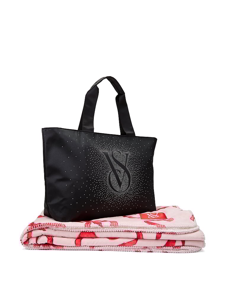Victoria's Secret, Victoria's Secret Shine Tote Bag + Cozy Blanket, Black Diamante/Bow Print, offModelFront, 1 of 2