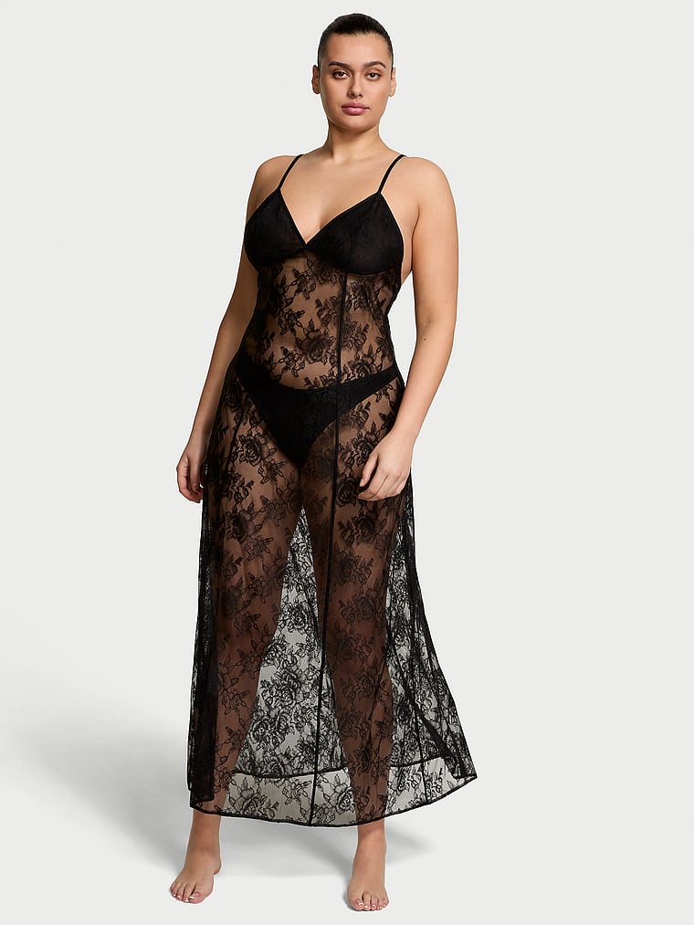 Victoria's Secret, Victoria's Secret Rose Lace Long Slip, Black, onModelFront, 1 of 3 Karmi is 5'10" or 178cm and wears Large