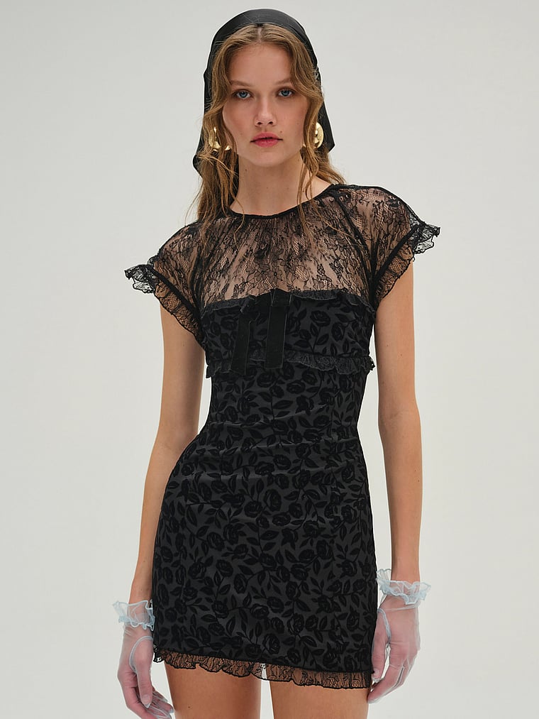Victoria's Secret, For Love & Lemons Midnight Velvet Mini Dress, Black, onModelFront, 1 of 4
