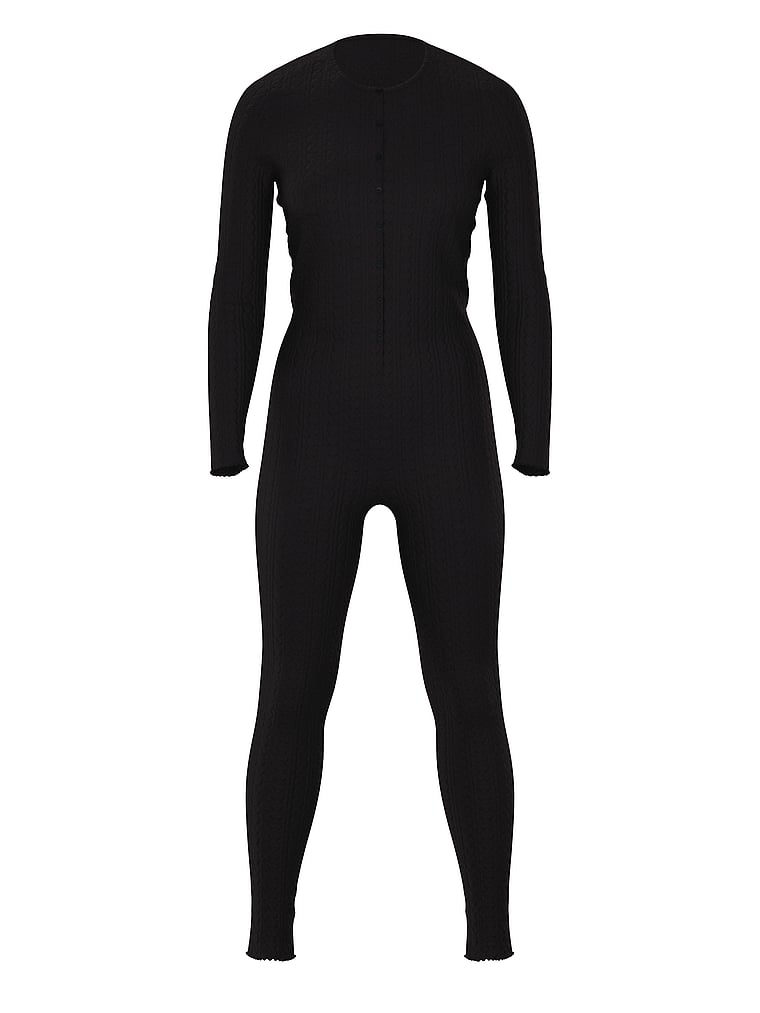 Victoria's Secret, Victoria's Secret Langer Schlaf-Einteiler mit Pointelle-Muster, Schwarz, digitalOffModelFront, 3 of 3