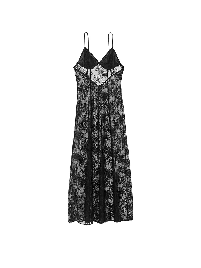 Victoria's Secret, Victoria's Secret Langes Negligé aus Spitze mit Rosenmuster, Schwarz, offModelFront, 3 of 3