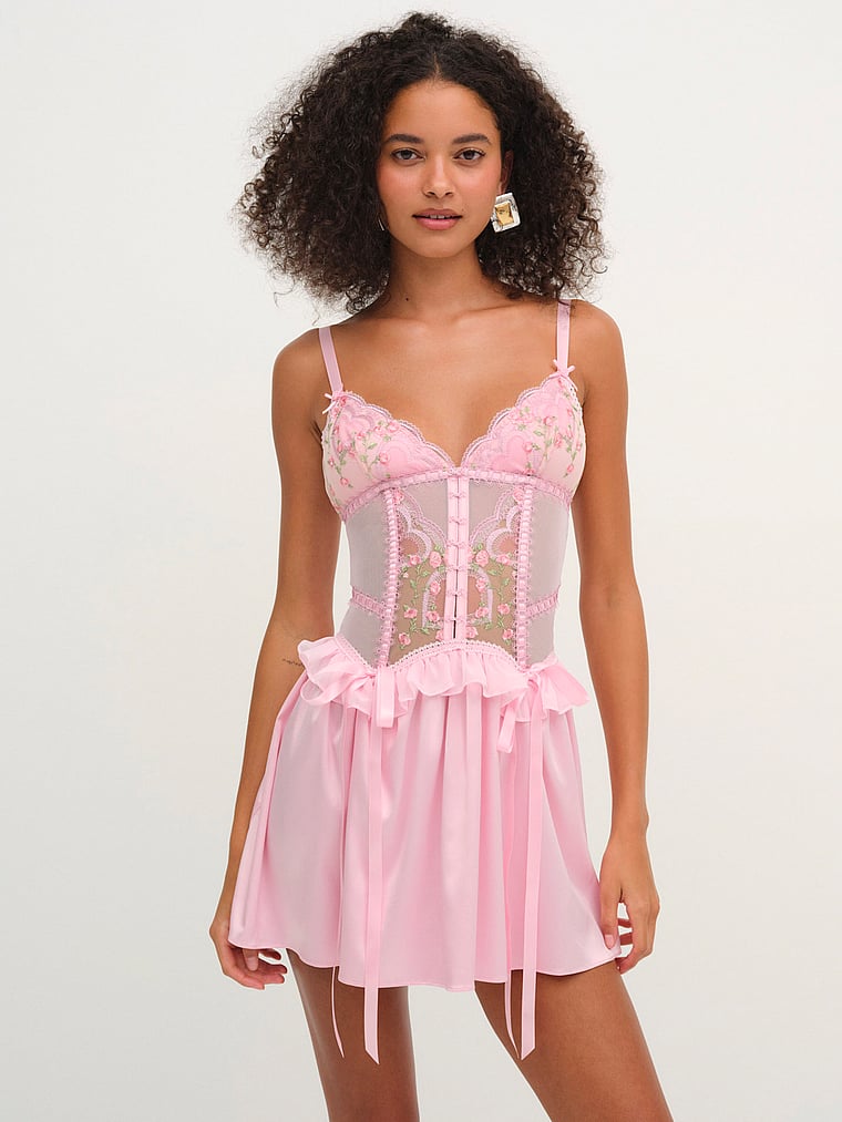 Victoria's Secret, For Love & Lemons Ily Embroidery Slip Dress, Ily Pink, onModelFront, 1 of 4
