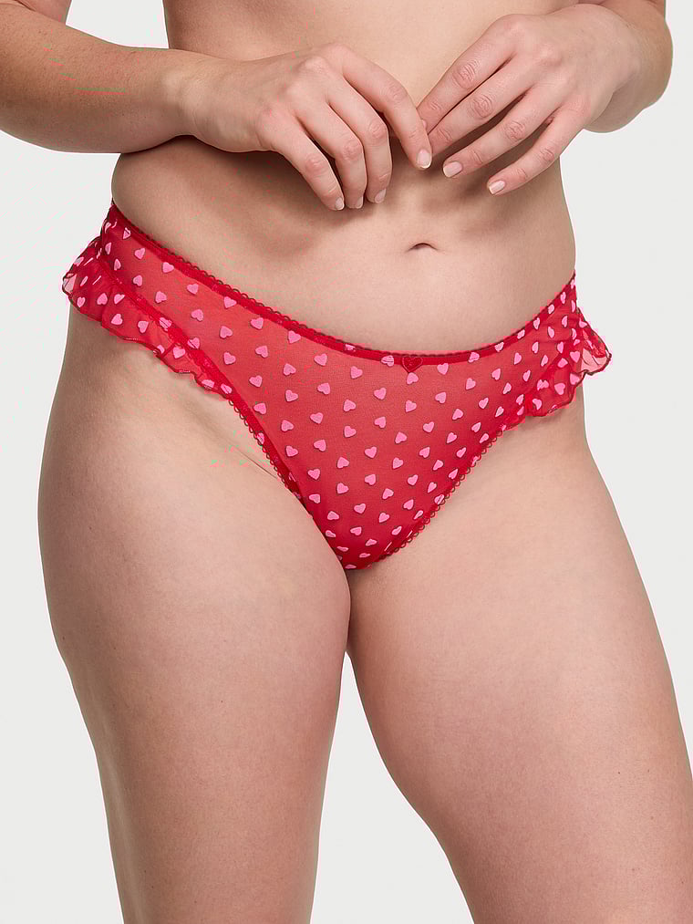 Victoria's Secret, Victoria's Secret Tease High-Leg Scoop Thong Panty, Bright Vermillion Hearts, onModelFront, 1 of 4 Katy is 5'11" or 180cm and wears Large