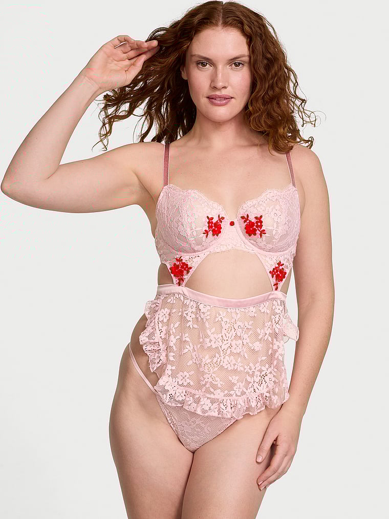 Victoria's Secret, Very Sexy Wicked Unlined Lace Apron Set, Chalk Rose, onModelFront, 1 of 4 Katy is 5'11" or 180cm and wears 36D or Large