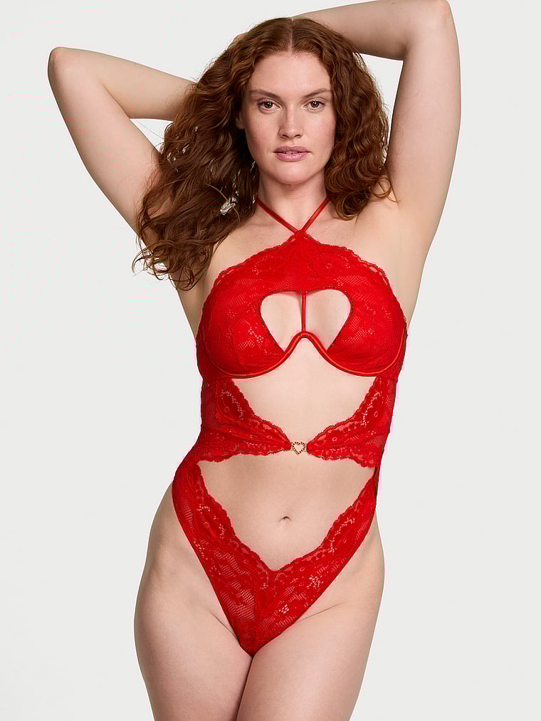 Victoria's Secret, Very Sexy Twinkle Lace Heart Cut-Out Teddy, Bright Vermillion, onModelFront, 1 of 4 Katy is 5'11" or 180cm and wears 36D or Large