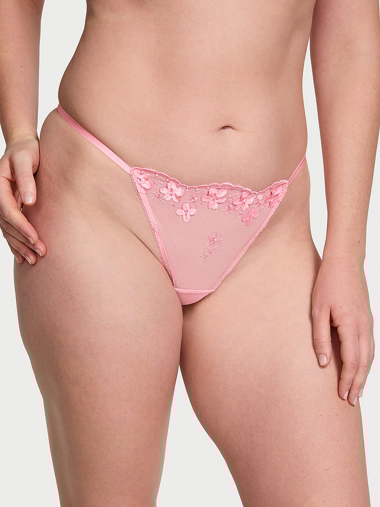 Victoria's Secret, Dream Angels Pretty Petals V-String Panty, Pink Hope, onModelFront, 1 of 5 Katy is 5'11" or 180cm and wears Large