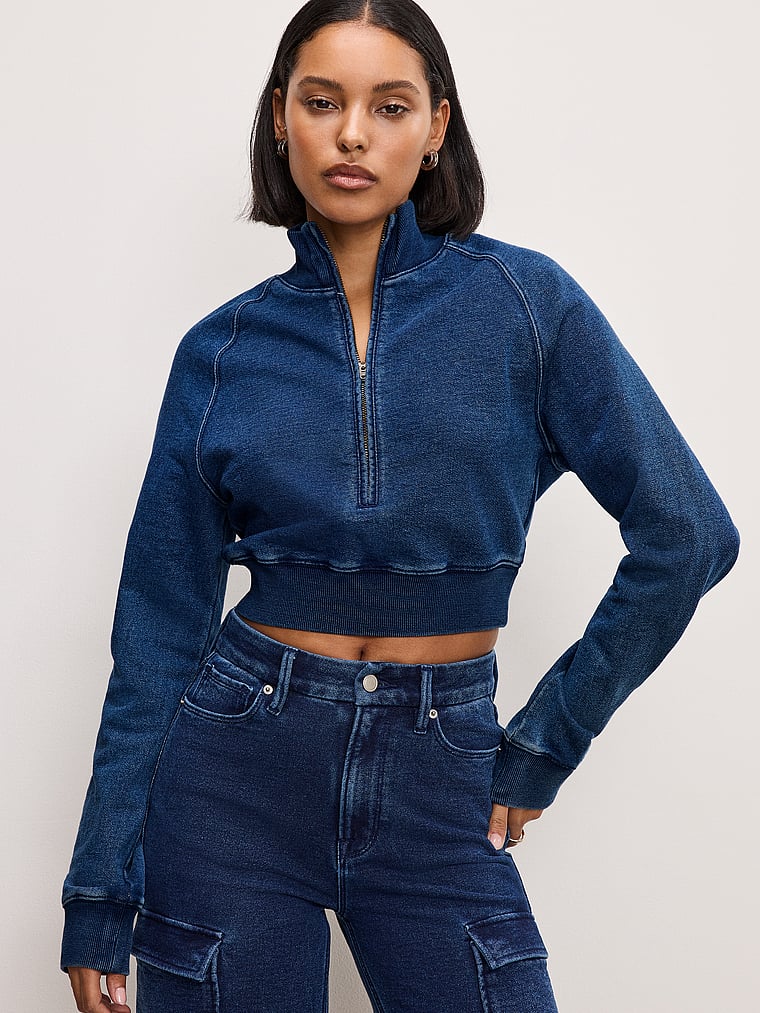 Victoria's Secret, Good American Jeanius Mock Zip Pullover, INDIGO, onModelFront, 1 of 3