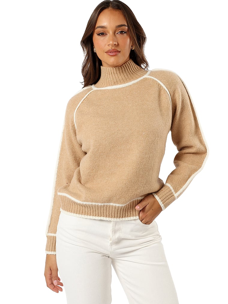 Victoria's Secret, Petal & Pup Rylee Strickpullover mit Kontrastsaum, Kamelbraun, onModelFront, 1 of 3