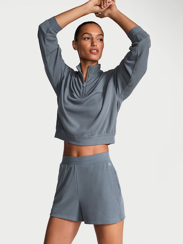 Victoria's Secret, VSX VSX Featherweight Knit Rib Short, Dark Steel, onModelFront, 1 of 3 Nikita is 5'10" or 178cm and wears Small