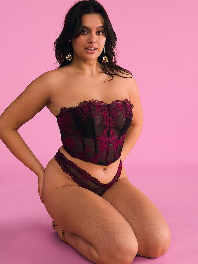 Victoria's Secret, Very Sexy Rose Lace Strapless Corset Top, Black/Pink, onModelSide, 1 of 5 Karmi is 5'10" or 178cm and wears 34DD (E) or Large