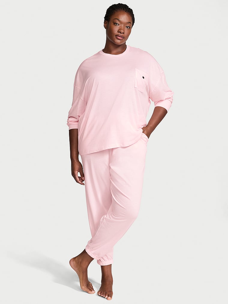 Victoria's Secret, Victoria's Secret 100% Cotton Long Pajama Set, ANGEL PINK, onModelFront, 1 of 3 Grace is 5'11" or 180cm and wears L/Long
