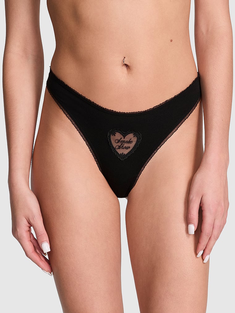 PINK Cotton Thong Panty, Black Mesh Heart Graphic, onModelFront, 1 of 3 Scarlett is 5'11" or 180cm and wears Small