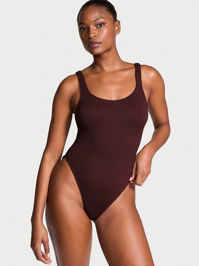 Victoria's Secret, Victoria's Secret Swim Crinkle Scoop One-Piece Swimsuit, Burgundy Brown, onModelFront, 1 of 3 Tsheca is 5'9" or 175cm and wears Small