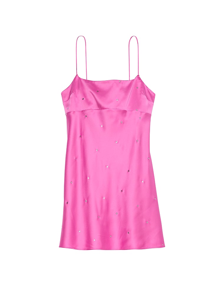 Victoria's Secret, Victoria's Secret Dew Drop Negligé aus glasiertem Satin mit Herzdetails, NEUE PFINGSTROSE, offModelFront, 3 of 3