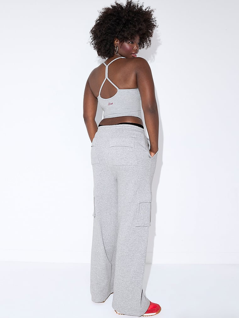 PINK Ivy Fleece Wide-Leg Cargo Sweatpants , Medium Heather Grey, onModelSide, 1 of 2 Fanta is 5'11" or 180cm and wears Medium
